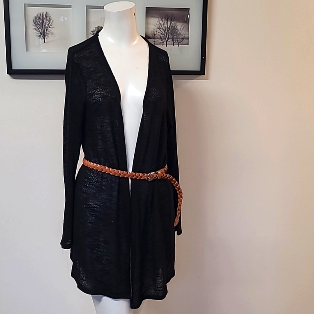 AUW Belted Open Front Black Lightweight Cardigan